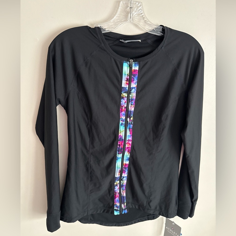 NWT Women’s Athleta Full Zip Long Sleeve Floral Fade Shirt M Rash Guard Biking
